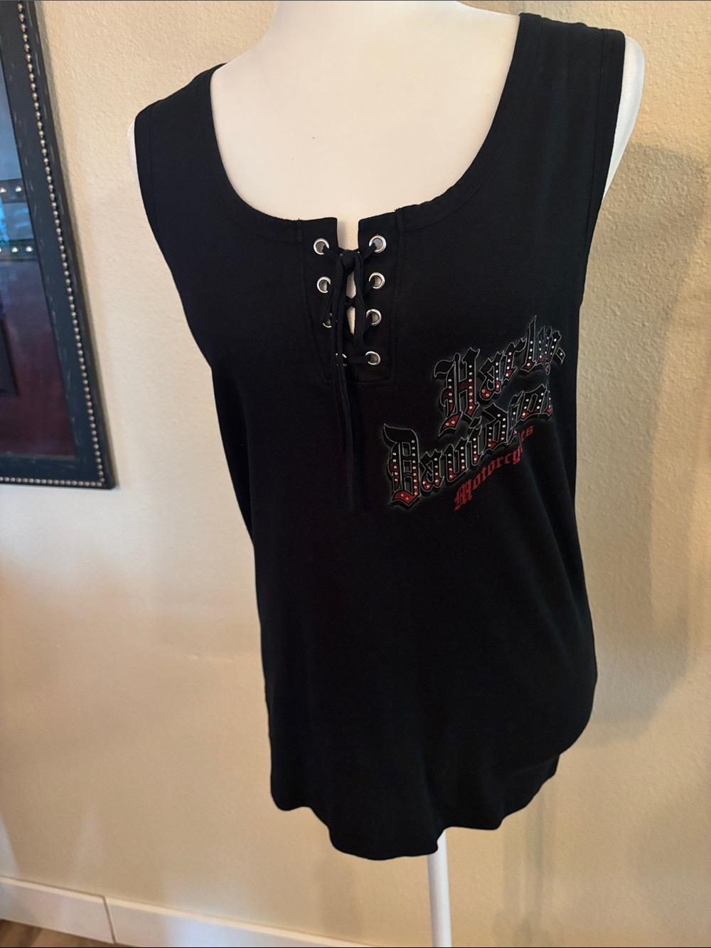 Harley-Davidson Black Lace-Up Eyelet Tank with Rhinestone Script Logo